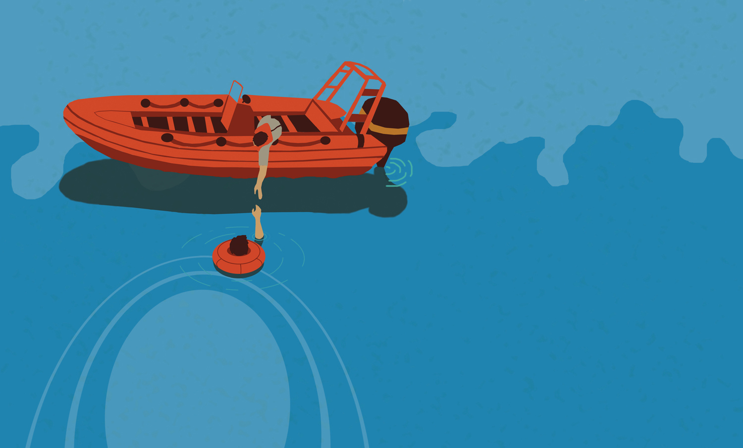 Graphic of someone helping a person out of the sea into a lifeboat
