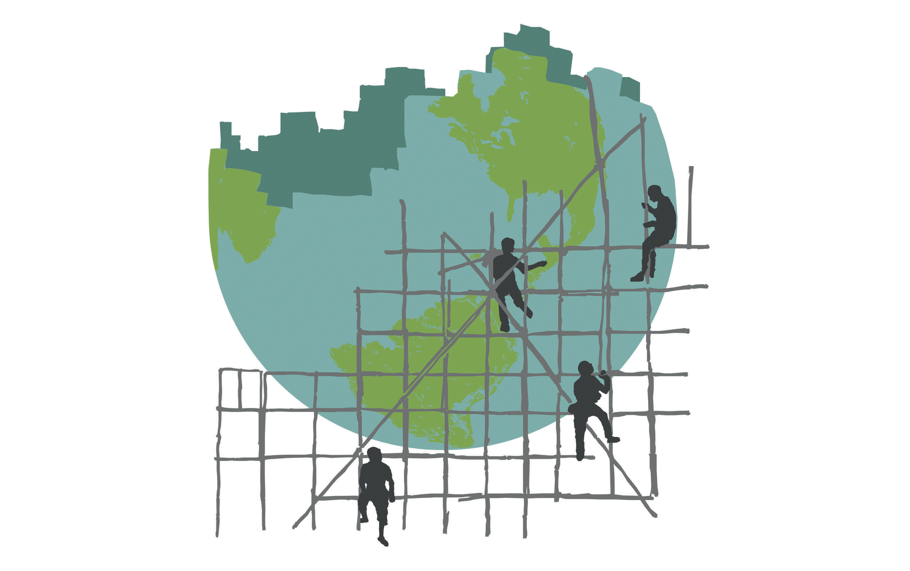 Silhouettes of people on scaffolding with the Earth in the background