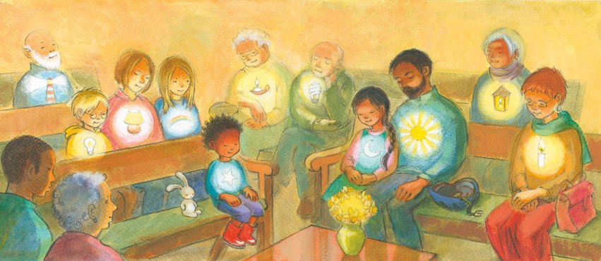 drawing of an all-age meeting for worship with different lights inside each person