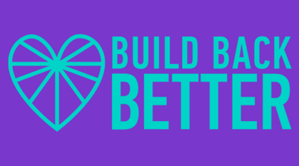 teal writing on purple background saying 'build back better'