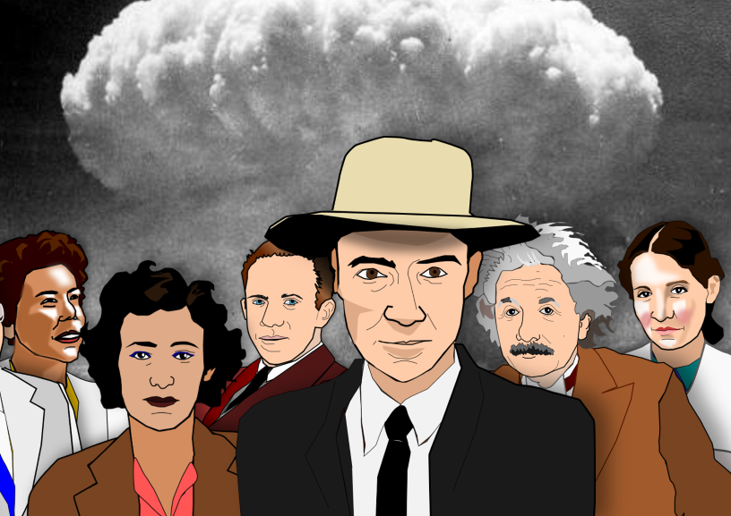 Cartoon image of Oppenheimer in front of a mushroom cloud