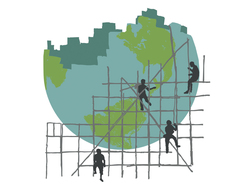 graphic of people building a world
