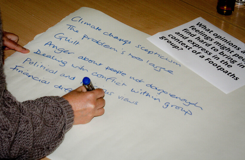 A person writing on flipchart paper