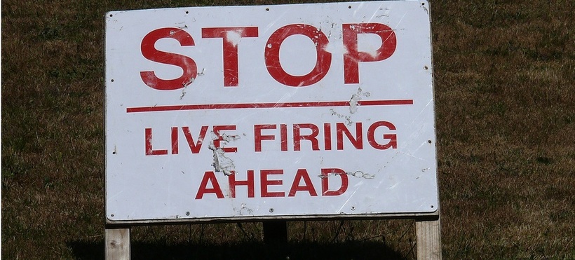 "STOP Life firing ahead" reads a sign on a rifle range used by cadets in Northumbria.