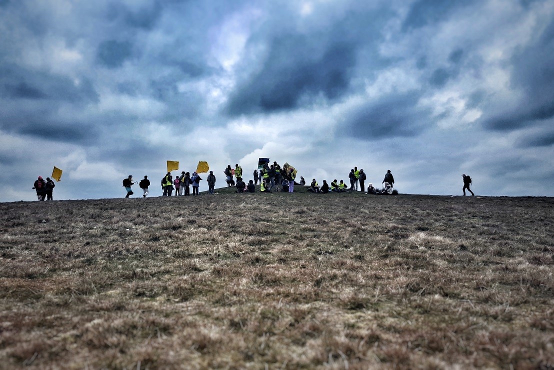 Quakers converge on Pendle Hill with banners and flags to protest plans of fracking in Lancashire