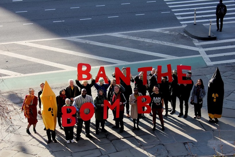 Campaigners outside the UN buildings in New York as treaty negotiations were under way. Photo: Tim Wallis