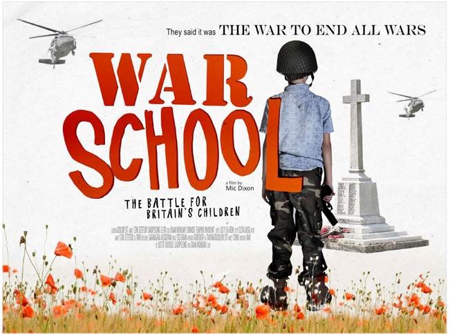 a young boy stands facing away from us in a field of red poppies, the text 'war school' is written in red graffiti style next to his figure. in the distance we see a war memorial.