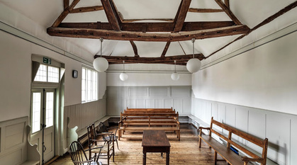The interior of a Quaker meeting house