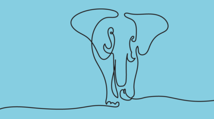 a soft blue background with a simple line pencil drawing of an elephant in a continuous line
