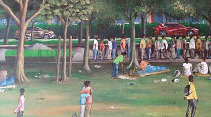 painting of homeless people in a Brussels park