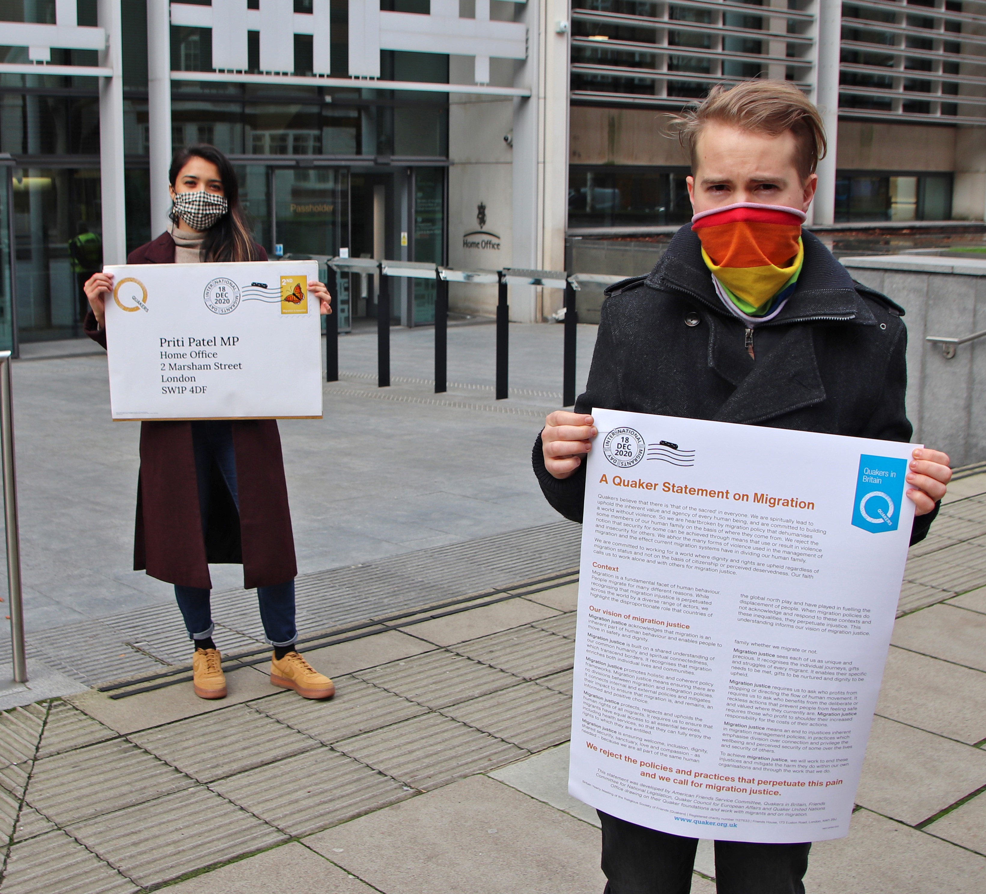 Photo of the statement being delivered delivered to the Home Office by Quaker Peace & Social Witness staff