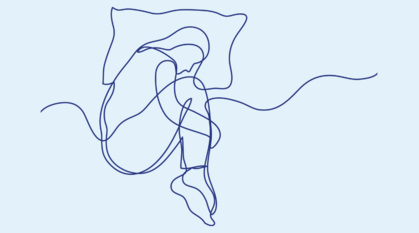 simple line drawn image in blue of someone curled up in the foetal position with their head resting on a pillow