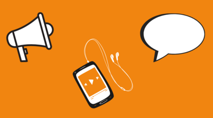 black and white graphics on orange of a loudspeaker, a speech bubble and a phone with earbuds attached