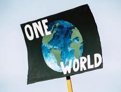 A handmade poster/placard with a painting of the Earth and the words 'One World' written on it