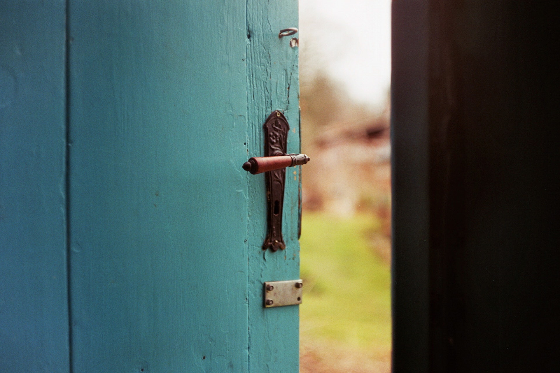 a teal wooden door opening onto a garden