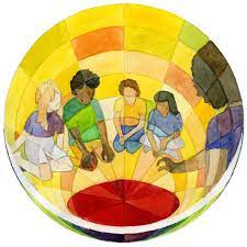 Faith and Play logo with people gathered round a red story mat.
