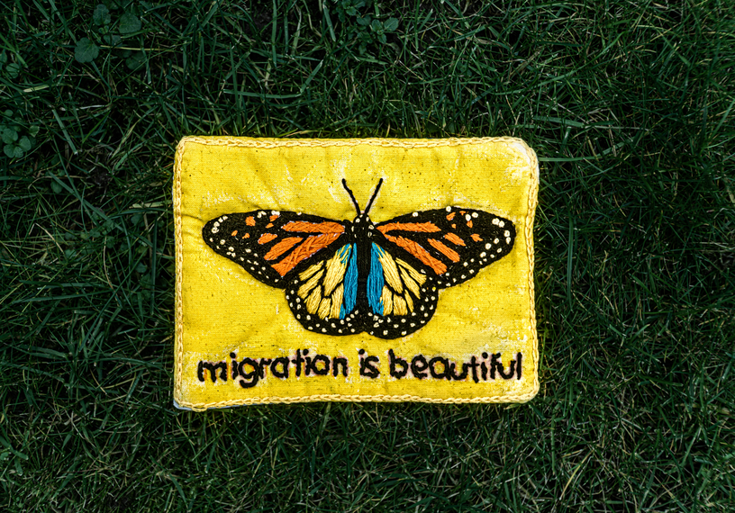 Embroidered butterfly reads migration is beautiful