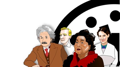 An illustration of the Doomsday Clock close to midnight with Einstein, Meitner, Rotblat and Thurlow depicted in front