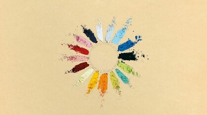 Poster for World Quaker Day by Lynn Finnegan, depicting seemingly separated colours in a circle, stitched together by an almost invisible line