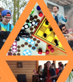 Orange triangles surrounding images of young people and activities