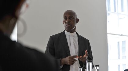 Revd. Collin Cowan speaking at the meeting between Caribbean Faith Leaders from the Churches’ Reparations Action Forum and Quakers in Britain staff at Friends House.