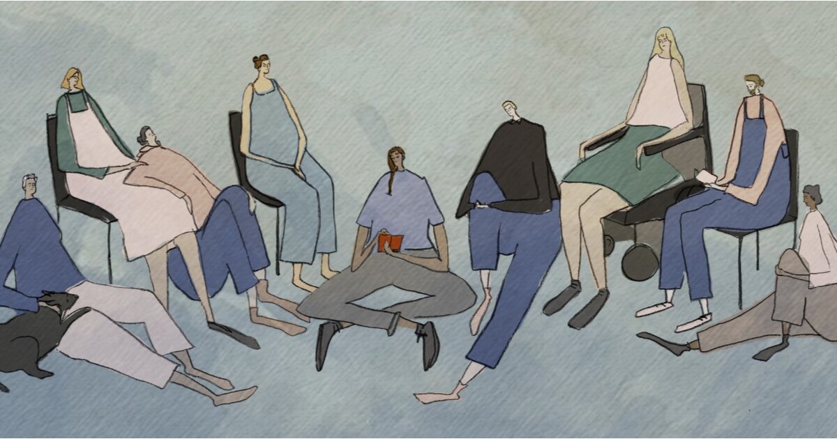 illustration of people gathered around in circle