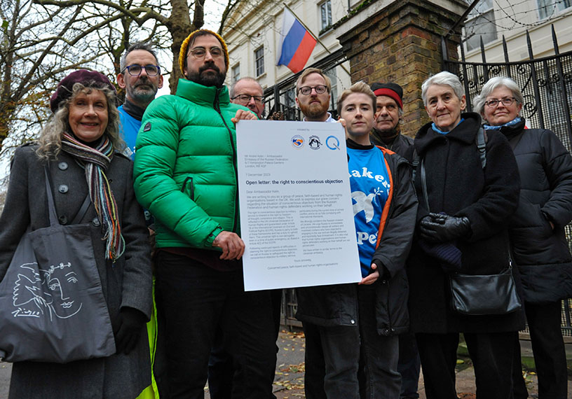 Activists with the letter outside Russian Embassy