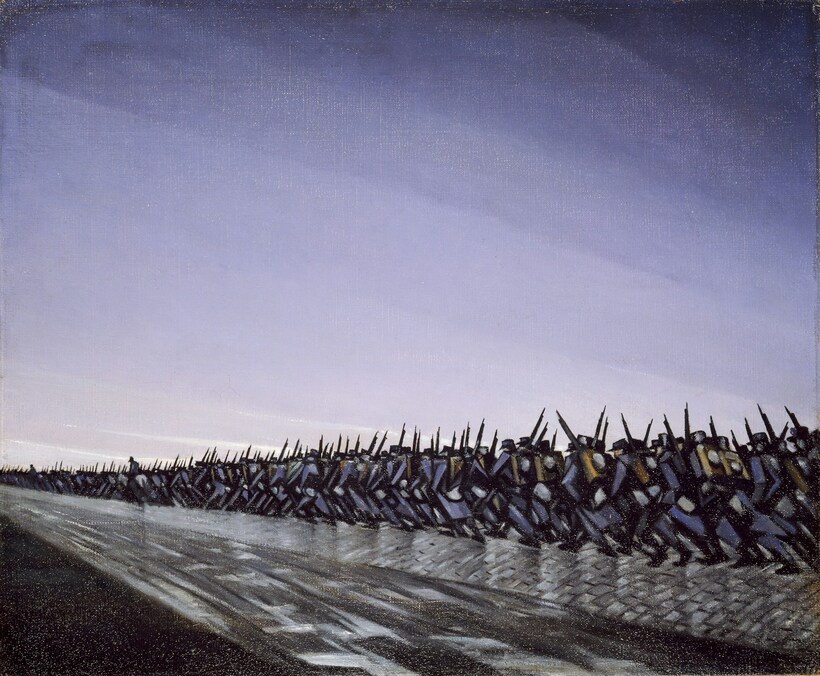 More than a third of under 40s would refuse conscription if a war broke out. Image: Column on the March, 1915, by Christopher Richard W Nevinson. <a href="https://shop.birminghammuseums.org.uk/products/pod1035273?variant=39363849715789">Birmingham Museums Trust</a> on <a href="https://unsplash.com/photos/a-painting-of-a-line-of-barbed-wire-GrvC6MI-z4w?utm_content=creditCopyText&utm_medium=referral&utm_source=unsplash">Unsplash</a>   