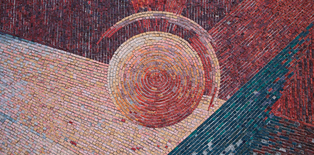 An abstract mosaic of circles and straight lines