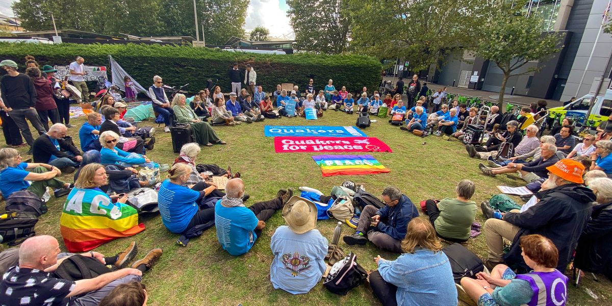 Quakers hold peaceful worship outside arms fair profiting from war and genocide 