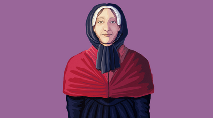 Illustration of Margaret Fell wearing a mob cap, headscarf and red shawl